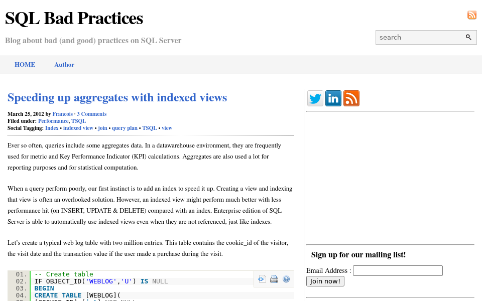 www.sqlbadpractices.com screen capture