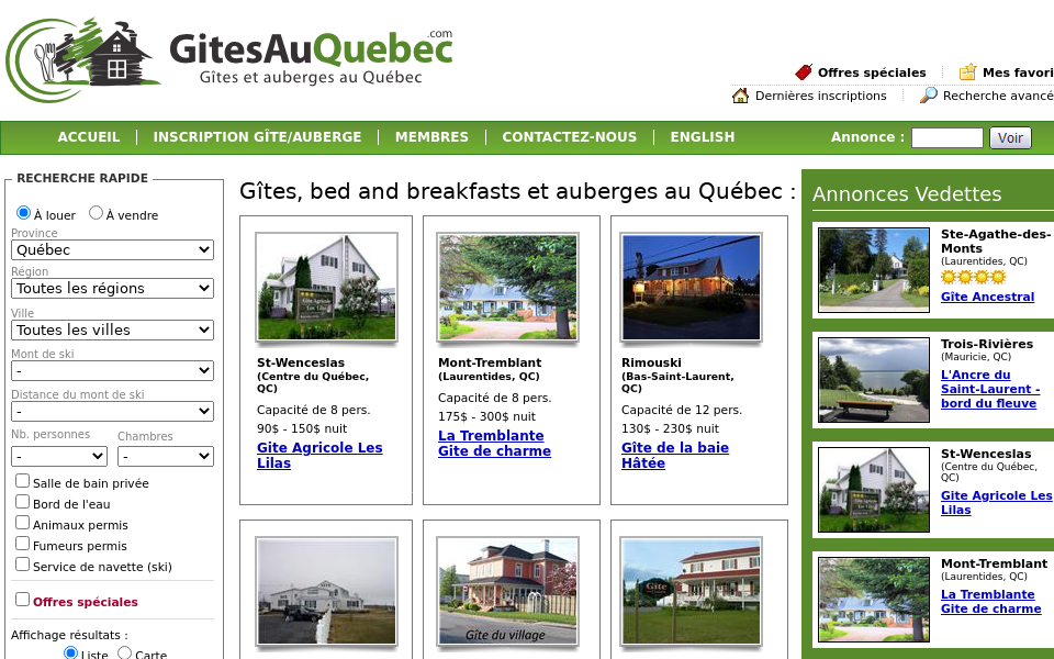 www.gitesauquebec.com/ screen capture